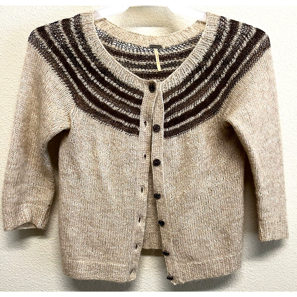 Free People Women's Cropped Cardigan Size S Wool Blend Beige Brown 3/4 Sleeve